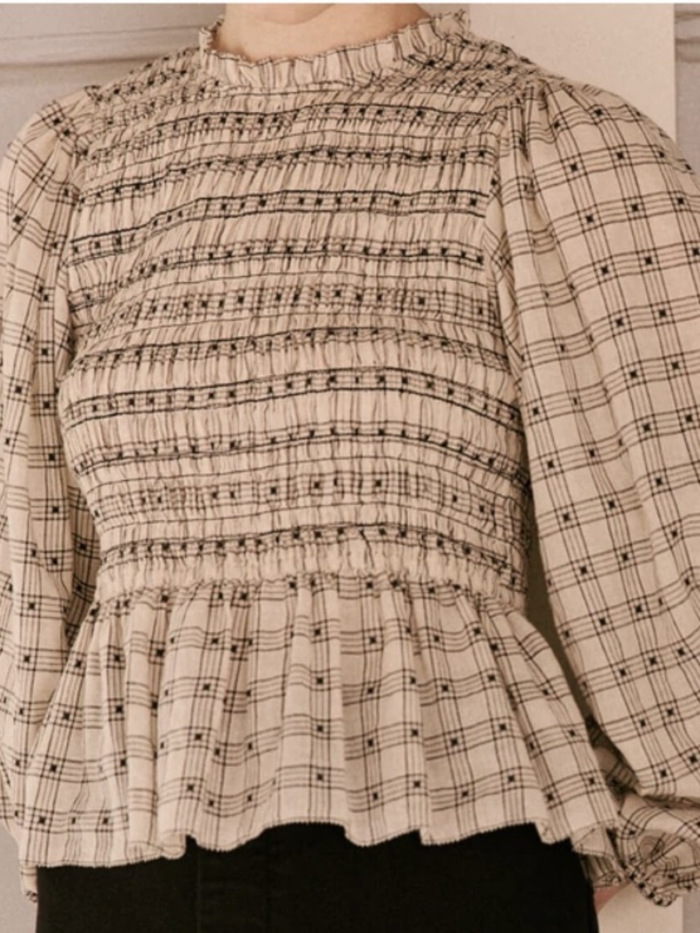 THE GREAT. The Contessa Smocked Plaid Peplum Top in Cream and Black